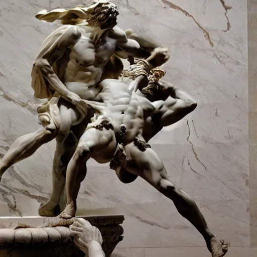 Image similar to the dramatic scene of a epic fight between Zeus and Chronos statue sculpted in polished brownish marble by Bernini