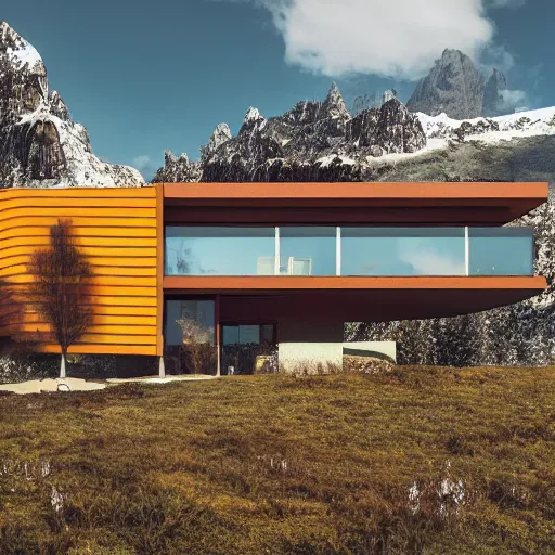 Image similar to wes anderson style modern futuristic house near the lake, snowy mountains and green forest, cinematic, realism, photo, detailed