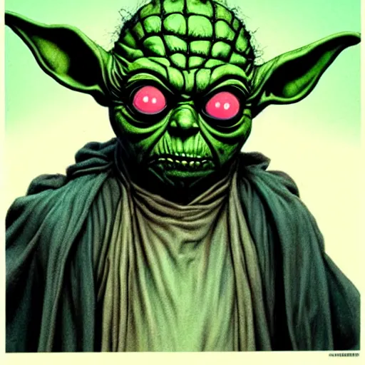 Prompt: zombie yoda, yoda as a zombie, wayne barlowe, zombified, scary