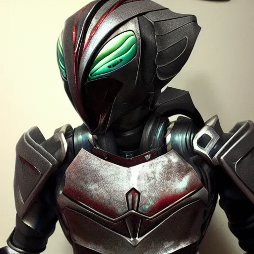 Image similar to Biomechanical Kamen Rider, glowing eyes, daytime, grey rubber undersuit, Guyver Dark Hero inspired armor