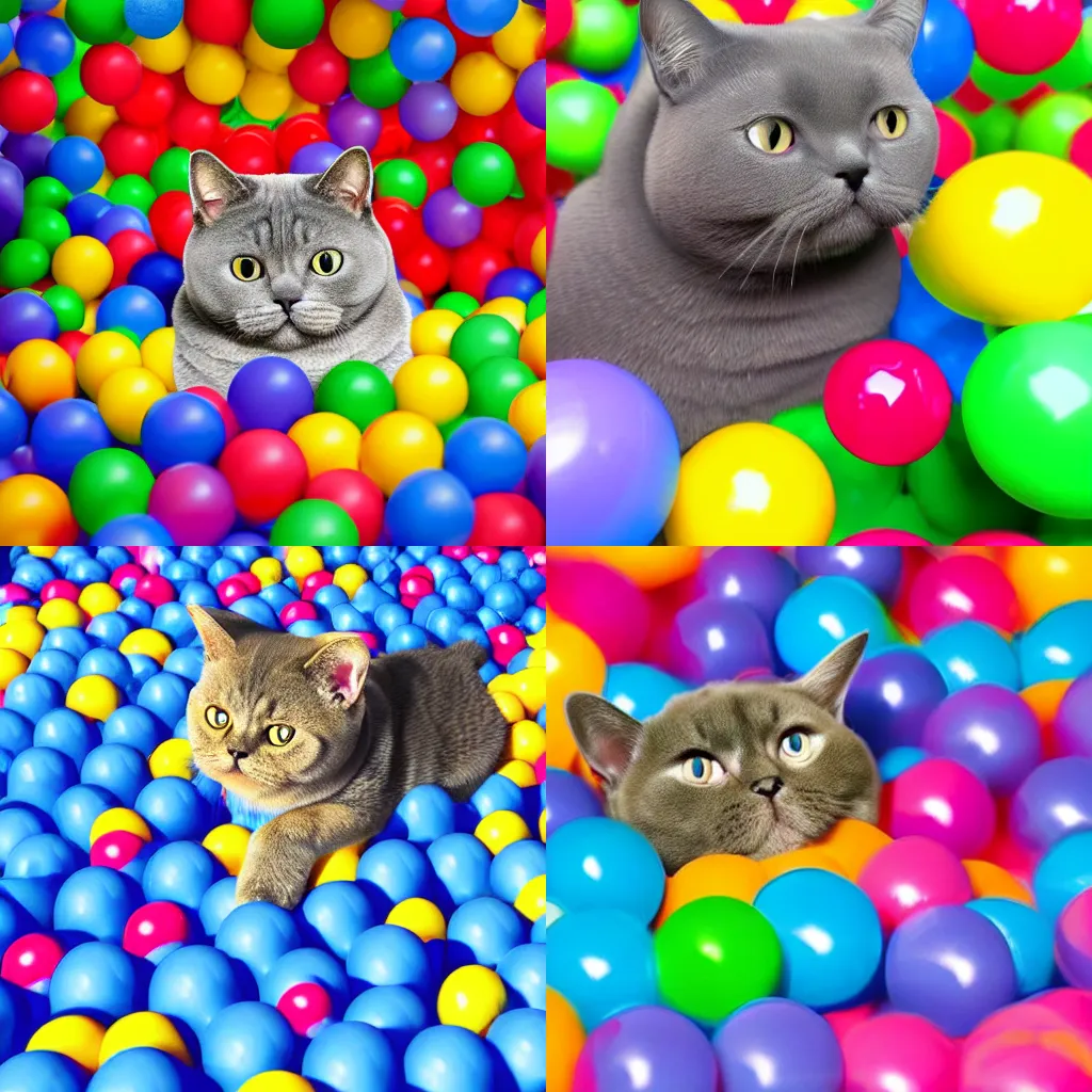 Prompt: A British shorthair cat in a ballpit full of plastic balls, happily chasing a butterfly, photorealistic image