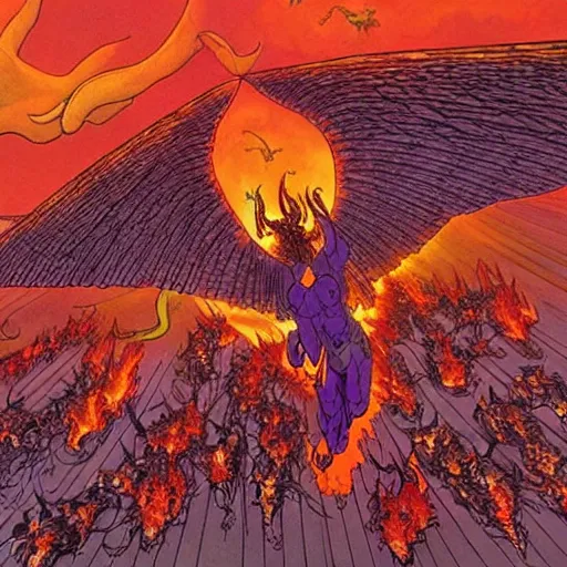 Image similar to vision of hell with winged demons flying over the flames, art by moebius