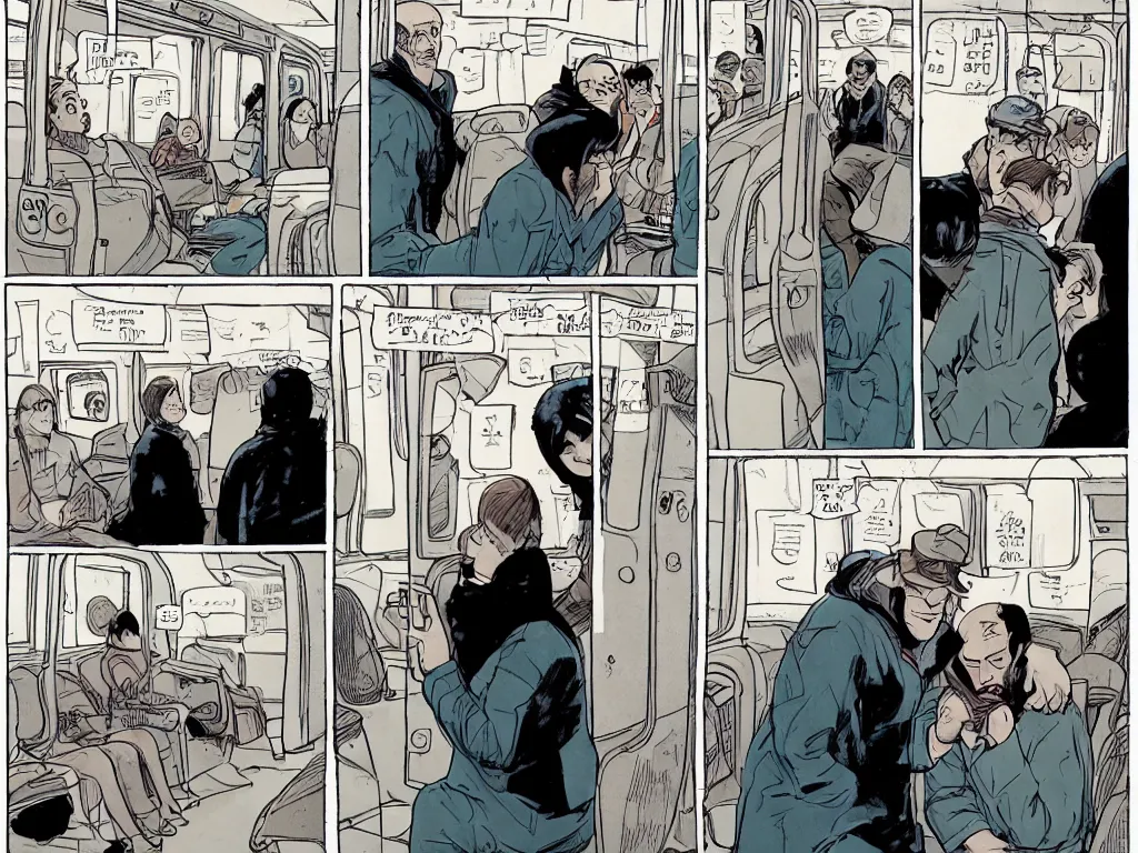 Prompt: a single comic panel by Geoff Darrow, 3/4 low angle view wide shot of two people sitting in an empty Chicago subway train, in front of windows: a sad Aubrey Plaza in a parka and a friendly Mads Mikkelsen in a suit