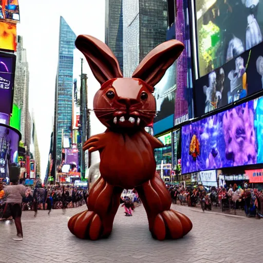 Image similar to a realistic sculpture made out of jelly of a very scary bunny with sharp teeth made by michelangelo, standing in times square, 3 d render, hyper detailed, sharp focus, 8 k resolution