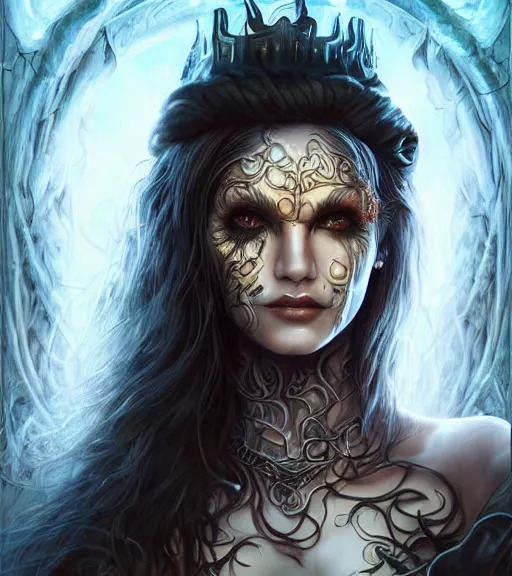 Image similar to a higly detailed airbrush full body shot and face portrait painting of a grim female sorceress with piercing eyes beautiful eyes, dynamic lighting, ambient lighting, deviantart, art by artgerm and simon bisley and karol bak