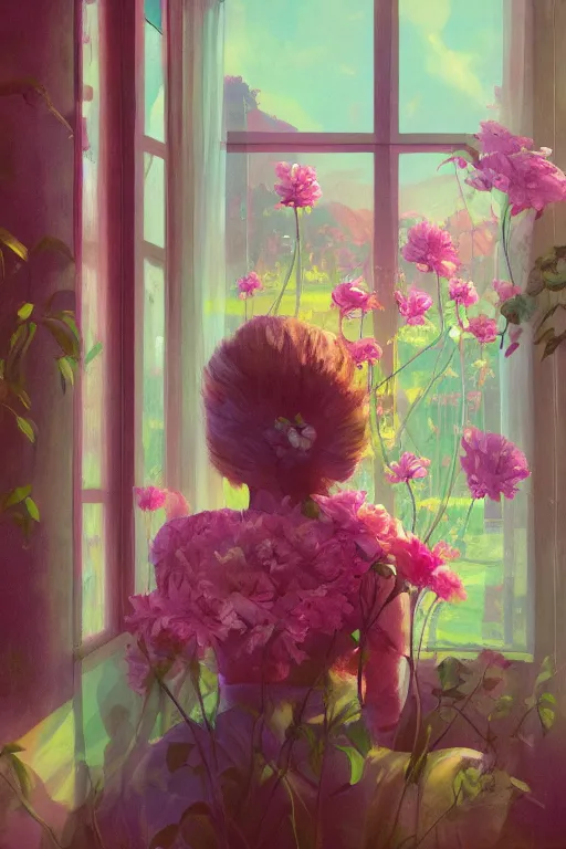 Image similar to closeup, huge flowers as head, woman sitting on lounge chair by a tall window, surreal photography, studio light, impressionist painting, digital painting, artstation, simon stalenhag