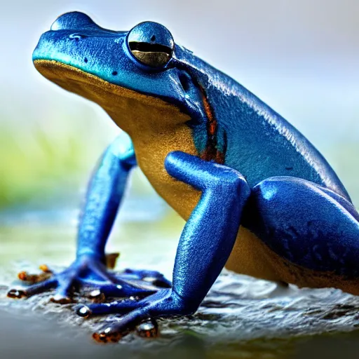 Image similar to cinematic shot of an anthropomorphic blue frog wearing a pink suit of armor aiming an AK-47 knee-deep in a swamp, very intricate, very detailed, depth of field,