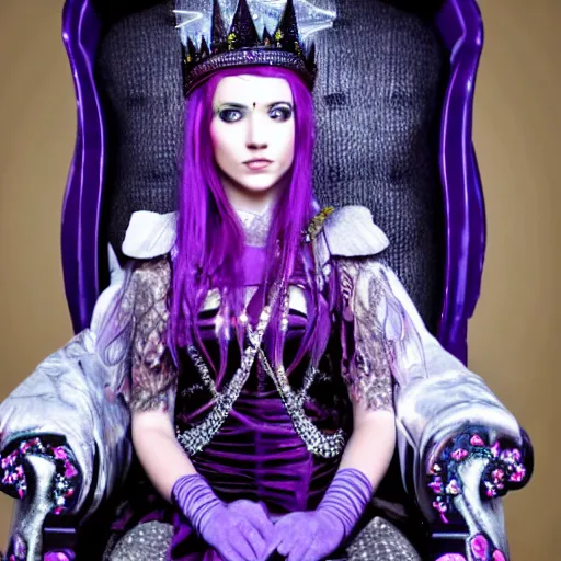 Image similar to A 4k photo of young evil princess with purple hair wearing a diamond crown, sitting in a throne in a dark room.