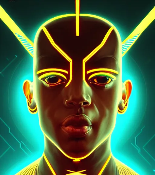 Image similar to symmetry!! egyptian god of technology, solid cube of light, hard edges, product render retro - futuristic poster scifi, lasers and neon circuits, brown skin handsome egyptian god, intricate, elegant, highly detailed, digital painting, artstation, concept art, smooth, sharp focus, illustration, dreamlike, art by artgerm