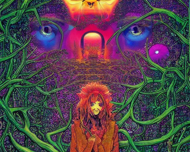 Image similar to A beautiful composition of a psychedelic glowing spirit animal psychonaut floating above a hedge maze, DMT, rich details full of texture, realistic eyes, artwork by Satoshi Kon and Yoshitaka Amano and Moebius