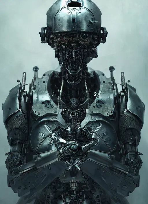 Image similar to portrait of futuristic king arthur knight district 9 cyborg, kintsugi, x - ray, steam and cyberpunk, modern fine art, fractal, intricate, elegant, highly detailed, digital photography, subsurface scattering, by jheronimus bosch and frank miller and greg rutkowski,