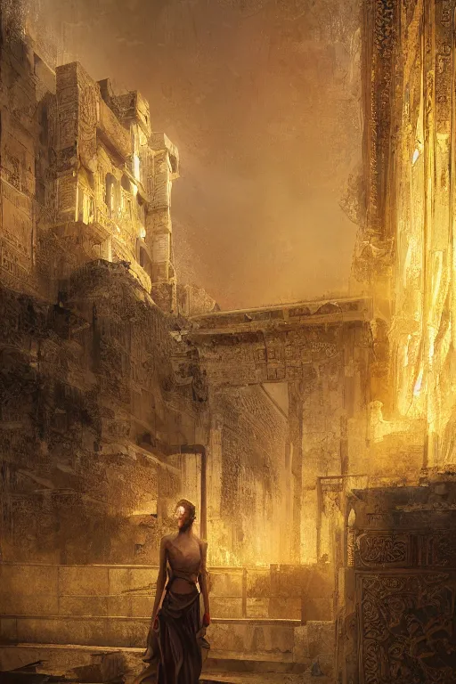 Image similar to ancient city of babylon, portrait, powerfull, intricate, elegant, volumetric lighting, scenery, digital painting, highly detailed, artstation, sharp focus, illustration, concept art, ruan jia, steve mccurry