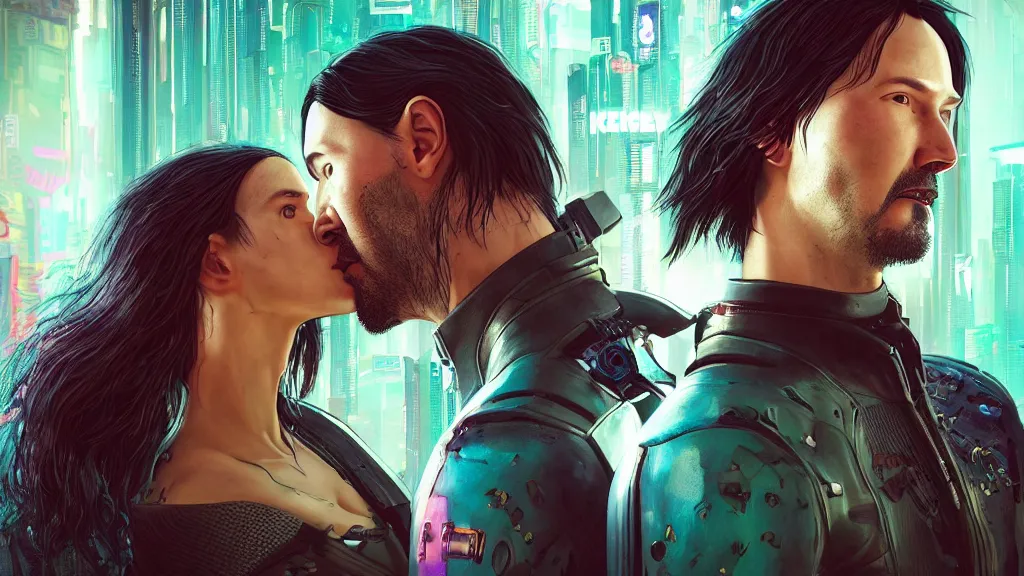 Prompt: a cyberpunk 2077 srcreenshot couple portrait of Keanu Reeves and a female android final kiss in night city,love,film lighting,by Lawrence Alma-Tadema,Andrei Riabovitchev,Laurie Greasley,Dan Mumford,John Wick,Speed,Replicas,artstation,deviantart,FAN ART,full of color,Digital painting,face enhance,highly detailed,8K,octane,golden ratio,cinematic lighting