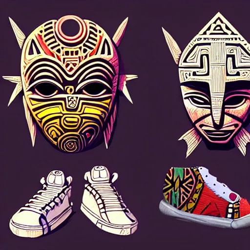 Image similar to detailed sneaker design concept art, aztec mayan street fashion native punk sneaker design, majora's mask, wearing wooden mask, hip hop sneaker design with subtle mayan patterns, gapmoe yandere grimdark, trending on pixiv fanbox, painted by greg rutkowski makoto shinkai takashi takeuchi studio ghibli, akihiko yoshida