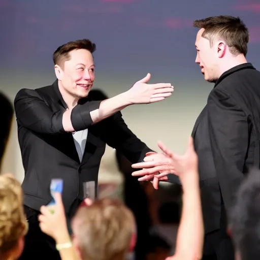 Image similar to Elon Musk high-fiving an Elon Musk clone, highly detailed, high quality, HD, 4k, 8k, Canon 300mm, professional photographer, 40mp, lifelike, top-rated, award winning, realistic, sharp, no blur, edited, corrected, trending