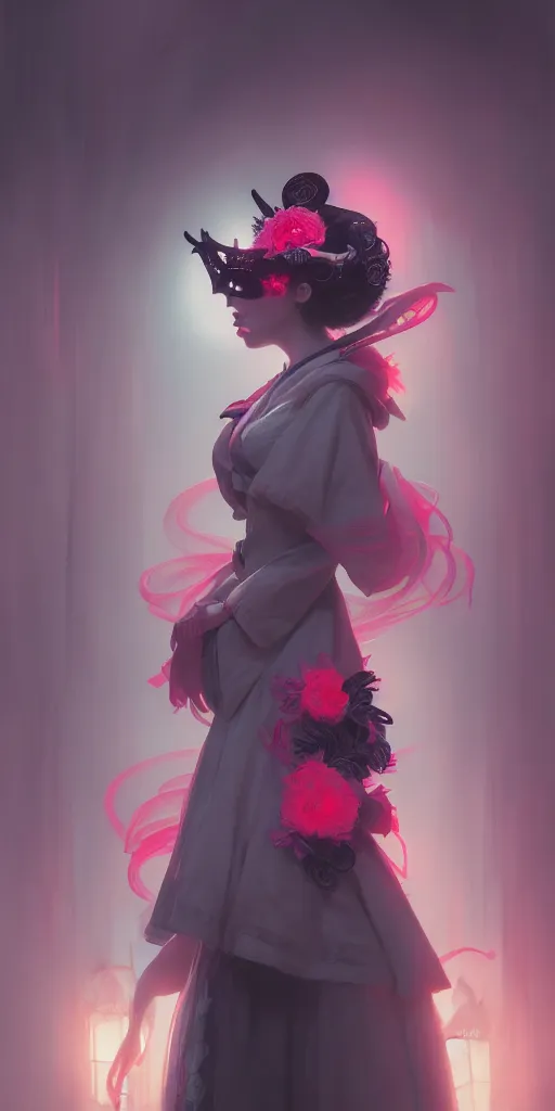 Image similar to lolita, alterd carbon, vampre the masquerade, geisha, neon, atmospheric, detailed intricate render, fibbonacci, dark atmosphere, detailed illustration, hd, 4 k, digital art, overdetailed art, surrealistic, by greg rutkowski, by loish, complementing colors, trending on artstation, deviantart