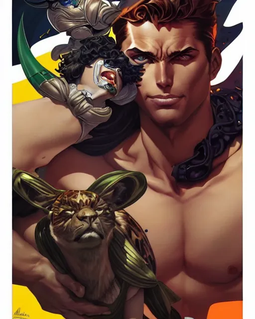 Image similar to artgerm, joshua middleton and sandra chevrier comic cover art, full body handsome male jungle lord, matching eyes, tough, rim lighting, vivid colors