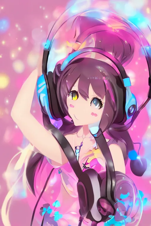 Image similar to an anime catgirl listening to music on headphones, candy pastel, backlighting, trending on pixiv