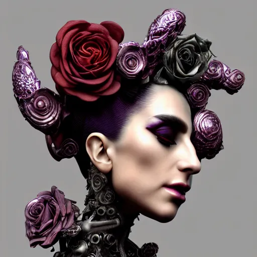 Image similar to mythical dreamy black and white organic bio - mechanical spinal ribbed profile face portrait detail of translucent steampunk beautiful lady gaga seraphim angelic - human - queen - vegetal - cyborg - red - haired, highly detailed, intricate crystal ivy jelly ornate, poetic, translucent roses ornate, 3 d render, digital art, octane render, 8 k artistic photography, photo - realistic, by dora maar