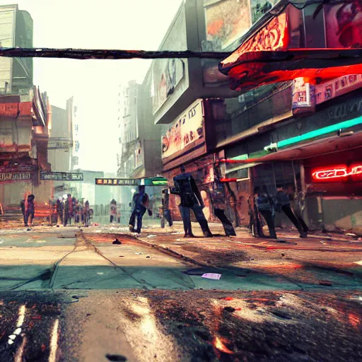 Image similar to photograph of a riot in a cyberpunk city street, first person view