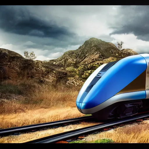 Image similar to futuristic train designed by porsche, xf iq 4, 1 5 0 mp, 5 0 mm, f / 1. 4, iso 2 0 0, 1 / 1 6 0 s, natural light, octane render, adobe lightroom, rule of thirds, symmetrical balance, depth layering, polarizing filter, sense of depth, ai enhanced