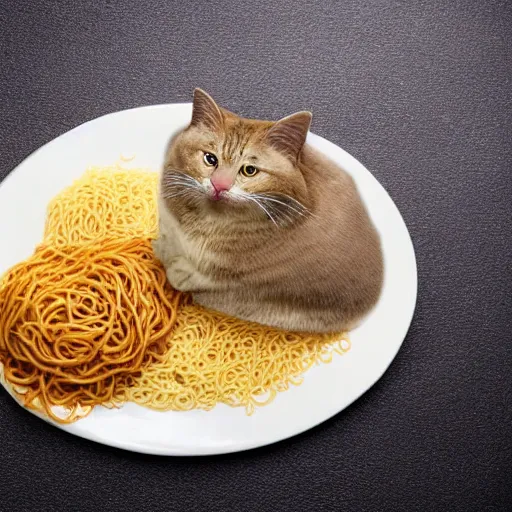 Image similar to obese cat sitting in behind a plate of indomie mi goreng noodles on toast, traditional artstyle