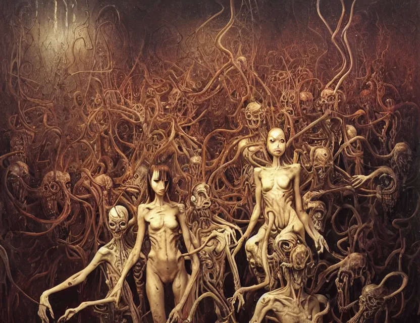 Prompt: professional fine artwork by Junji Ito of a group of cyborgs in hell. abstract expressionism thick flowing oil acrylic painting Futurism by beksinski carl spitzweg moebius and tuomas korpi. baroque elements. baroque element. intricate artwork by caravaggio. Oil painting. Trending on artstation. 8k