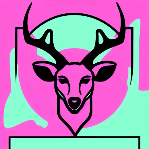 Image similar to logo for corporation that involves deer head, symmetrical, retro pink synthwave style, retro sci fi