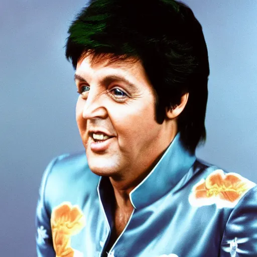 Image similar to Paul McCartney in an Elvis jumpsuit, 8k, high definition, highly detailed, photo-realistic