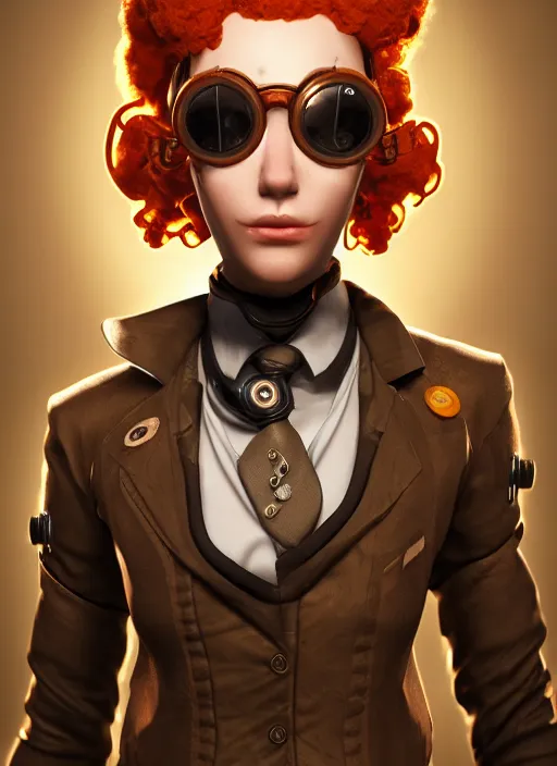 Image similar to steampunk portrait of curly orange hair mad scientist from far cry 6, au naturel, hyper detailed, digital art, trending in artstation, cinematic lighting, studio quality, smooth render, unreal engine 5 rendered, octane rendered, art style by pixar dreamworks warner bros disney riot games and overwatch.