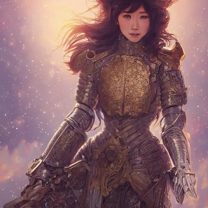 Image similar to ultra realistic illustration, japanese woman with armor made of stars, sci - fi, fantasy, intricate, elegant, highly detailed, digital painting, artstation, concept art, smooth, sharp focus, illustration, art by artgerm and alphonse mucha