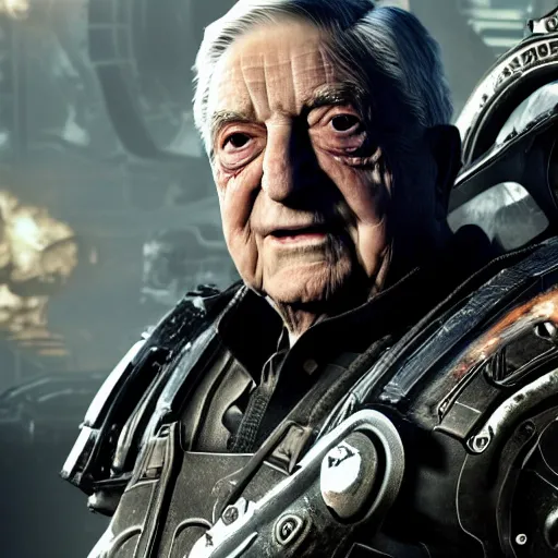 Image similar to george soros in gears of war, splash art, movie still, cinematic lighting, detailed face, dramatic, octane render, long lens, shallow depth of field, bokeh, anamorphic lens flare, 8 k, hyper detailed, 3 5 mm film grain