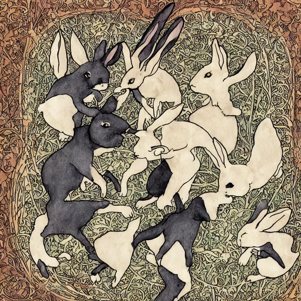 Prompt: Two rabbits playing chess in the art nouveau style