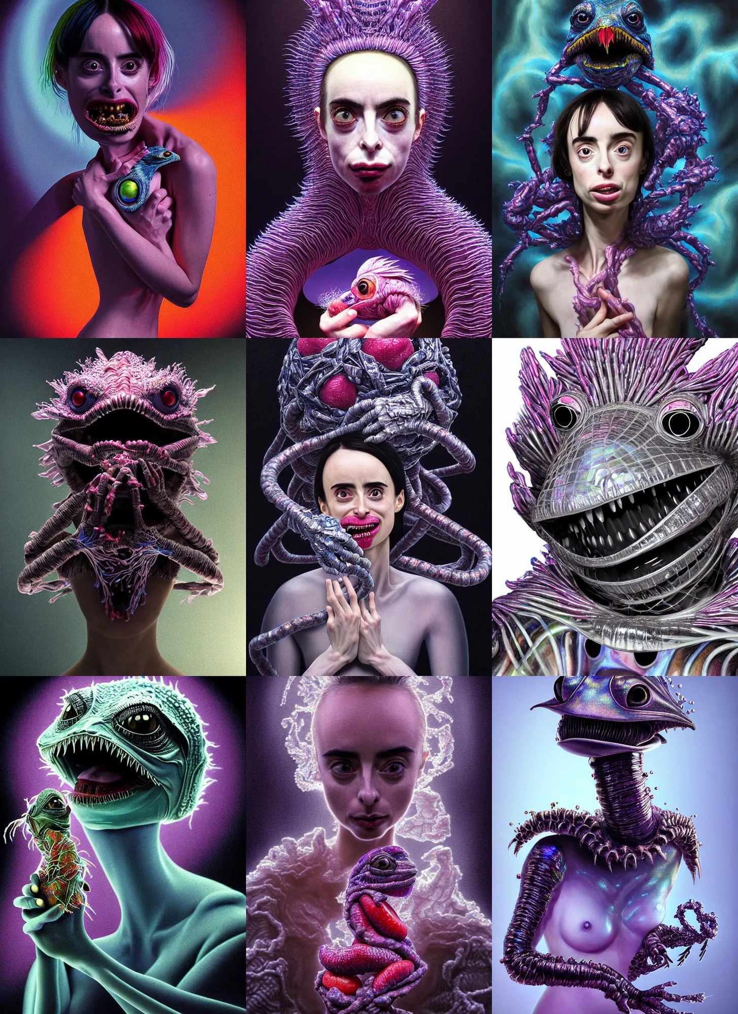 Prompt: hyper detailed 3d render of like a chiaroscuro oil painting - kawaii portrait yawn evoke (an astronaut queen with advanced suit like a chrome skeksis porcelain forcefield looks like Krysten Ritter) seen Eating of the Strangling network of charcoal aerochrome and milky Fruit and His delicate Hands hold of gossamer polyp cenobite bring iridescent fungal flowers whose spores black the foolish stars by Jacek Yerka, Ilya Kuvshinov, Mariusz Lewandowski, Houdini algorithmic generative render, Abstract brush strokes, Masterpiece, Edward Hopper and James Gilleard, Zdzislaw Beksinski, Mark Ryden, Wolfgang Lettl, hints of Yayoi Kasuma, octane render, 8k