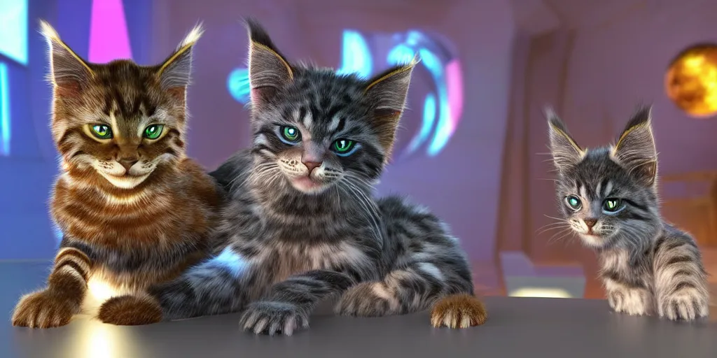 Image similar to a 3 d rendered movie still a cute robotic kitten with rgb ambient lighting implants. the robot maine coon kitten. in the background is a cyberpunk cat tree with rgb dramatic lighting. science fiction blockbuster movie from the future, imax 7 0 mm. octane 3 d render, style of mandalorian ( american space western television series )