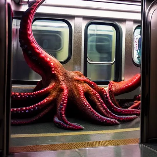 Image similar to a photo of a giant octopus mindflayer invading a interior of a subway train in new york, cinematic lighting