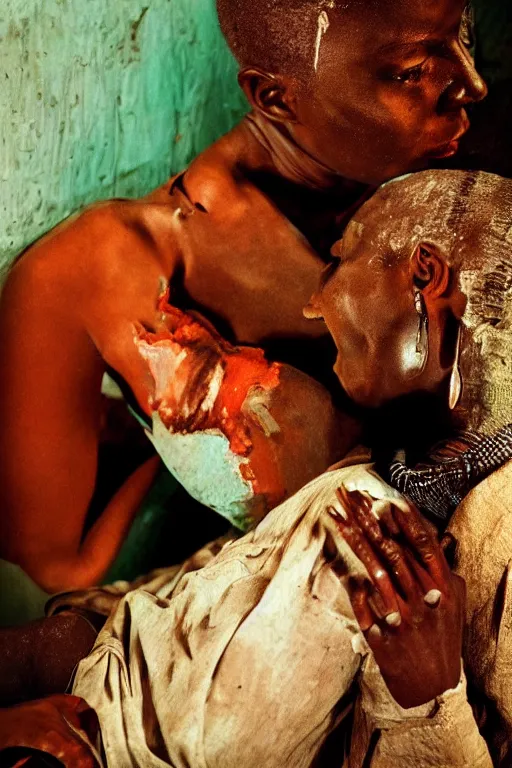 Image similar to a spectacular wideangle detailed closeup colorchrome portrait photo, of a white robot kissing a african woman, beautiful low light , style Steve McCurry