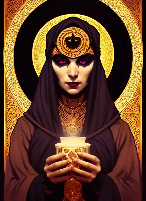 Prompt: symmetry!! darkest dungeon portrait of the arabian goddess manat, religious, intricate, waning moon, cup of death, highly detailed, dynamic lighting, digital art, digital painting, artstation, wlop, sharp focus, illustration, art by artgerm and greg rutkowski and alphonse mucha, 8 k