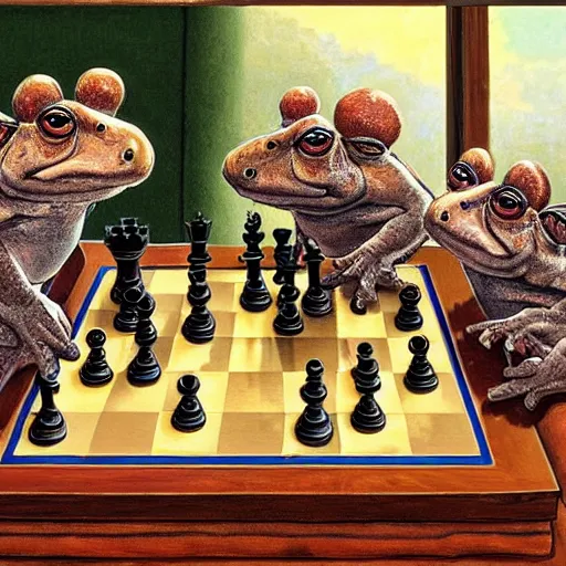 Prompt: studious toads playing chess by James Gurney.