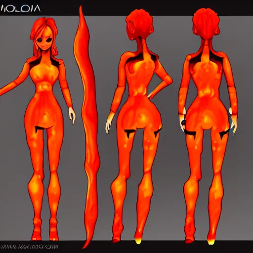 Prompt: A flaming lava game character, fire lava dress, doll-like, character design sheet, detailed eyes, HDR