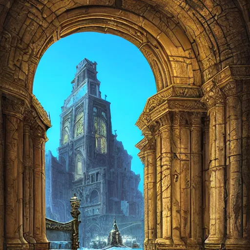 Prompt: carved futuristic gateway at the end of ancient ornate steps with a large wide window to a city which details the vast architectural scientific ancient and cultural achievements of humankind, magical atmosphere, molecules and machines, renato muccillo, jorge jacinto, damian kryzwonos, ede laszlo, highly detailed digital art, cinematic blue and gold