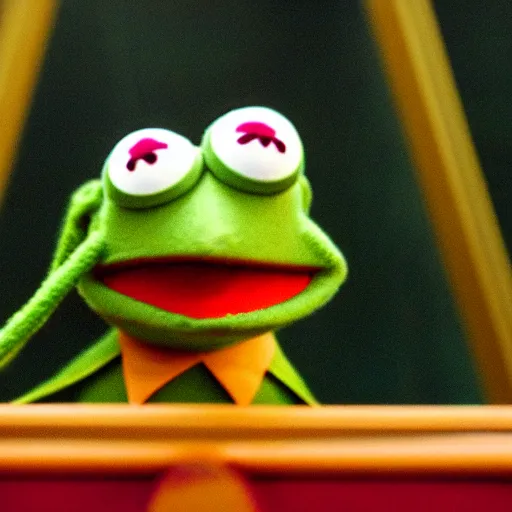 Image similar to kermit the frog, from the grand budapest hotel, kodachrome