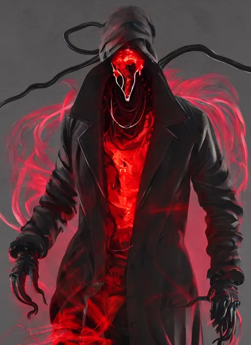 Image similar to half body portrait of an evil deity, a squid man in black mask and black rugged long trench coat made of smoke, red aura, tentacles. in style of yoji shinkawa and hyung - tae kim, trending on artstation, dark fantasy, great composition, concept art, highly detailed, dynamic pose.