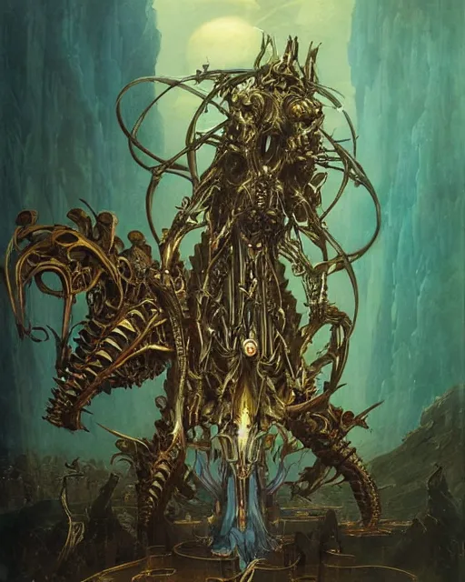 Prompt: elegant renaissance painting of biomechanical warhammer final boss creature vecna, art by bruce pennington and peter mohrbacher