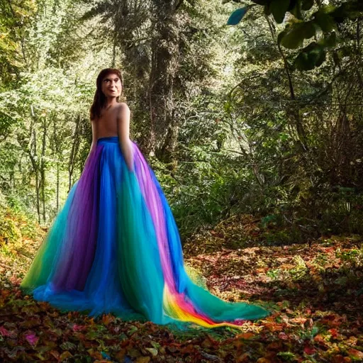 Prompt: picture of gemma arterton wearing a long rainbow wedding gown, sitting in a colorful forest