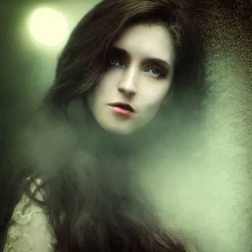 Image similar to charismatic regal aristocratic brunette female vampire, portrait, at highgate cemetery, atmospheric lighting, painted, intricate, mist, cold, volumetric lighting, beautiful, blue tint, moon light, sharp focus, ultra detailed, by leesha hannigan, ross tran, thierry doizon, kai carpenter, ignacio fernandez rios