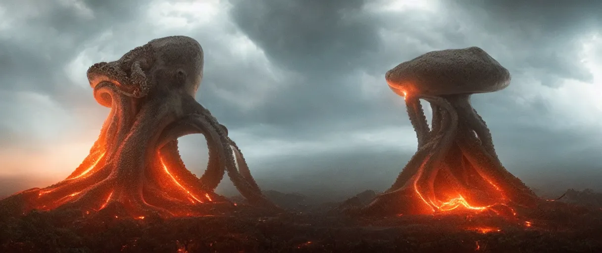 Image similar to a giant octopus god floating over a rain forest, lightning, ambient sun, a volcano erupts, still from the movie the arrival, 8k