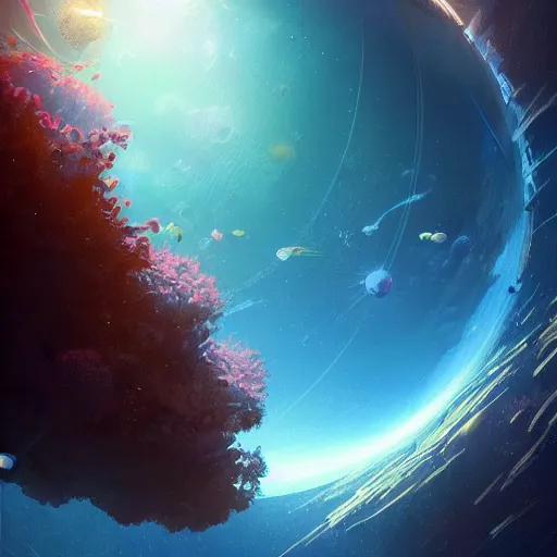 Image similar to a sphere aquarium in the size of a planet, floating in space. illustration, digital art, realistic, pixar style, by greg rutkowski and ash thorp, vivid colors, detailed, trending on artstation, high quality, cinematic