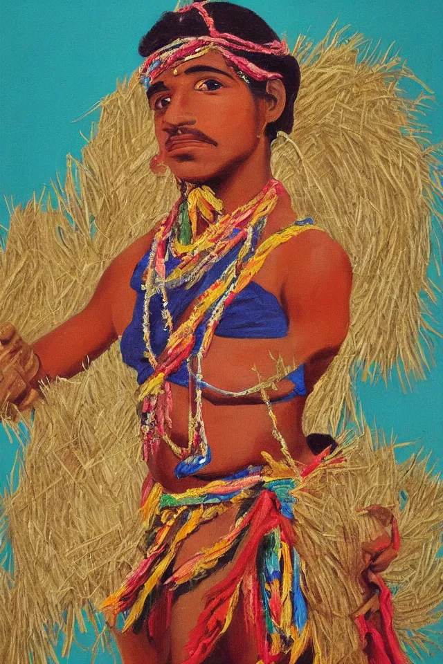 Image similar to a vivid oil painting of a dancer covered in a straw costume, pankararu, Toré