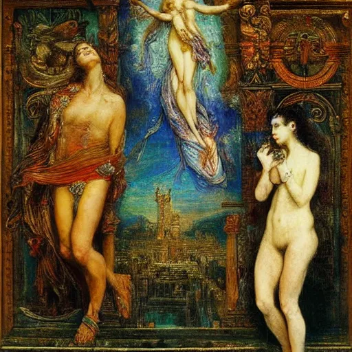 Image similar to a symbolist painting about the lie we live in the style of Jupiter and Semele by Gustave Moreau